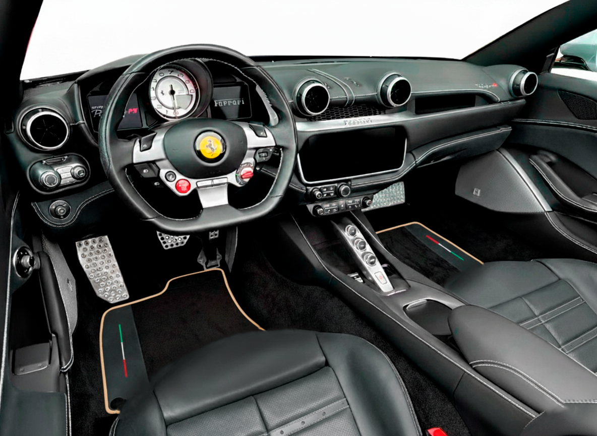 Tapis de voiture noirs pour Ferrari Portofino (2018-2023) avec cuir et bord beige