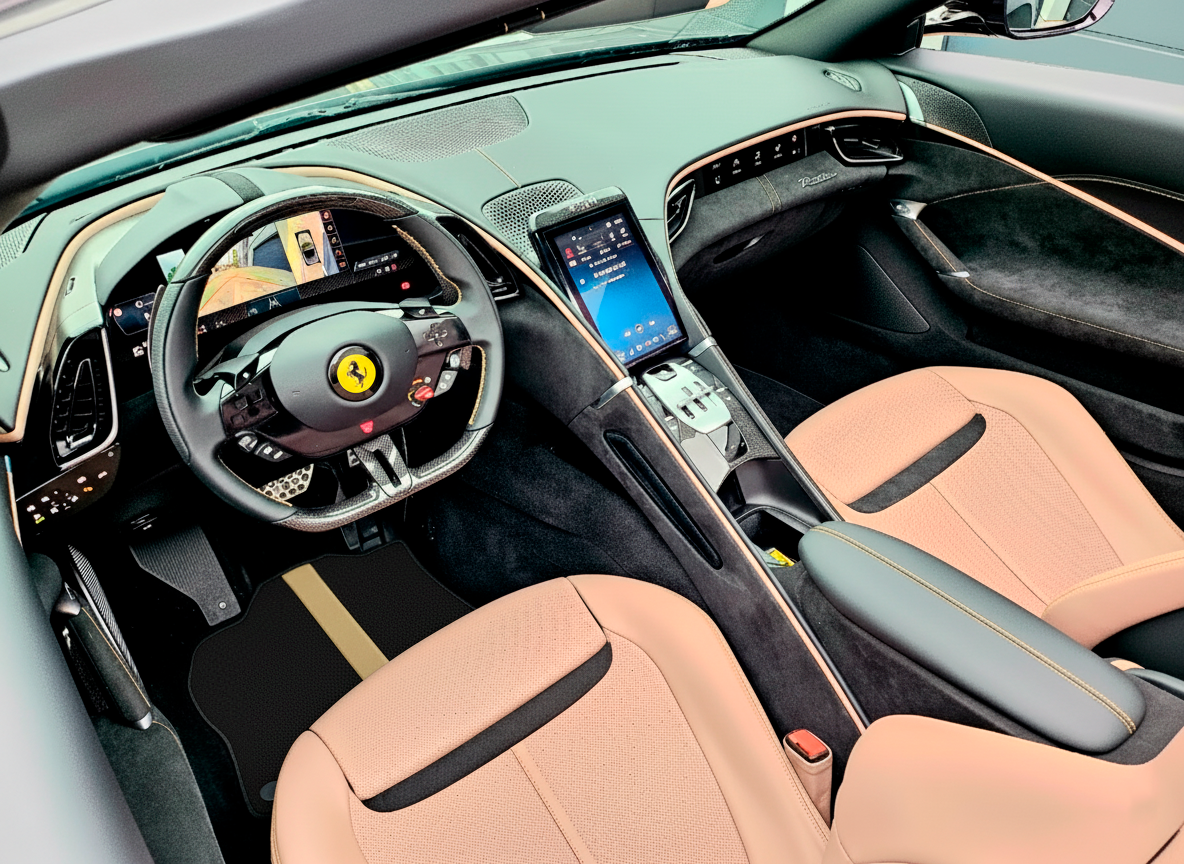Schwarze Fußmatten für Ferrari GTC4 Lusso (2016–2023) mit Leder und rotem Rand - AutoWin