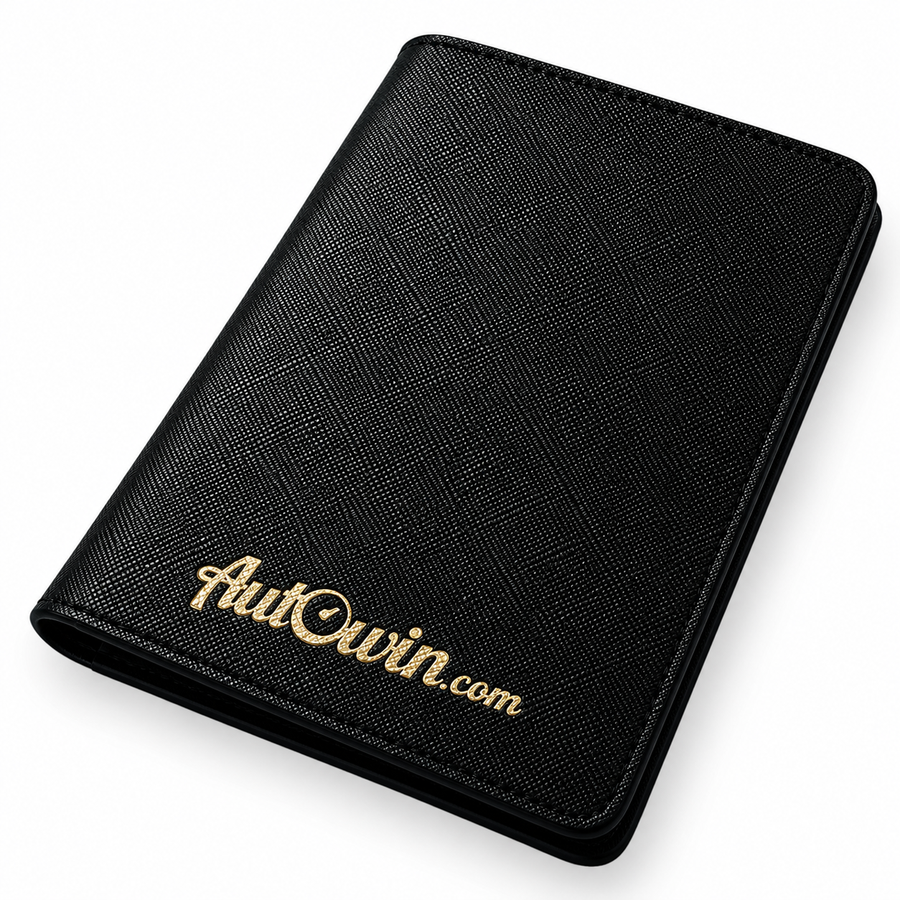 Portapasaportes de Cuero Negro AutoWin con Logo Dorado