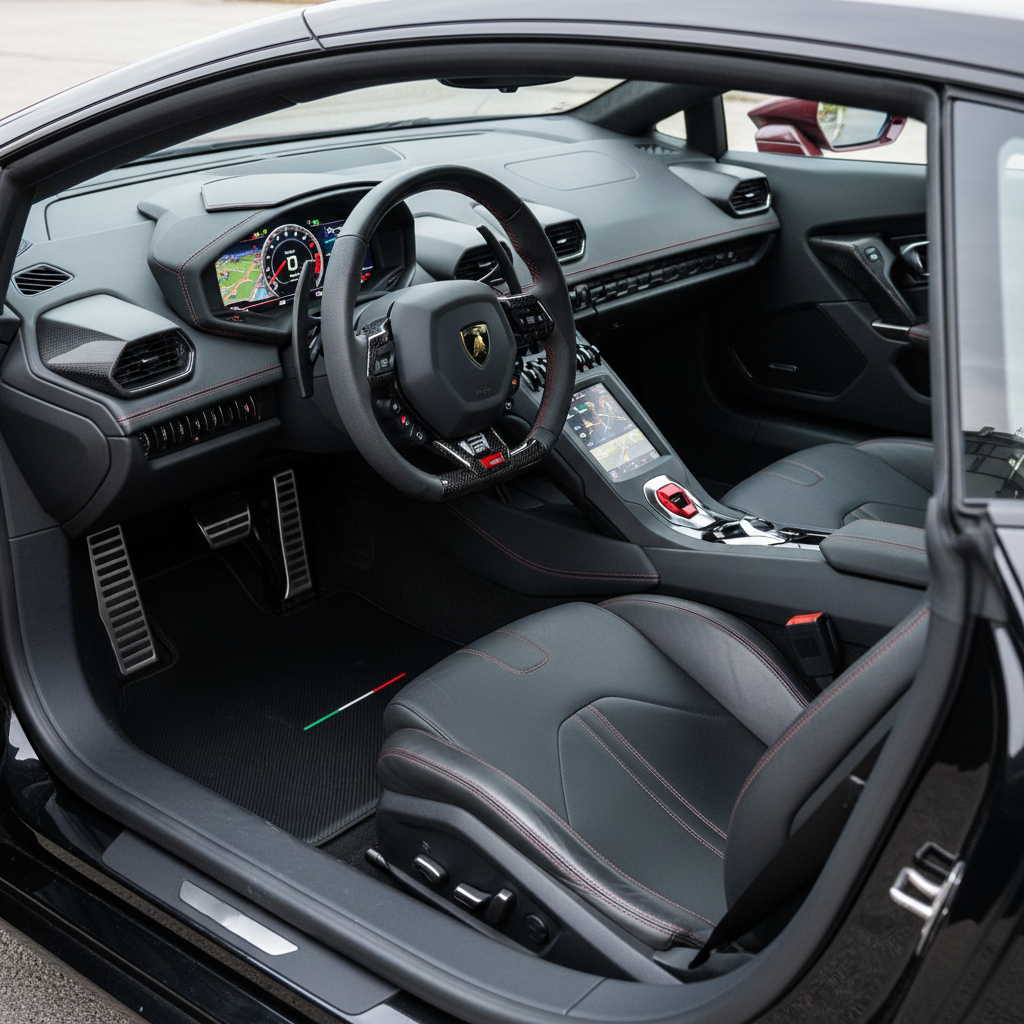 Schwarze Fußmatten aus Carbonfaser für Lamborghini Huracan STO mit italienischer Flagge