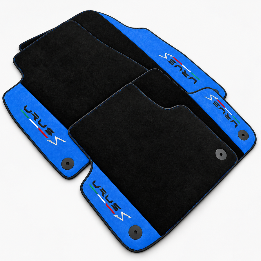 Alfombrillas de coche negras para Lamborghini Urus S con piel de Alcántara azul