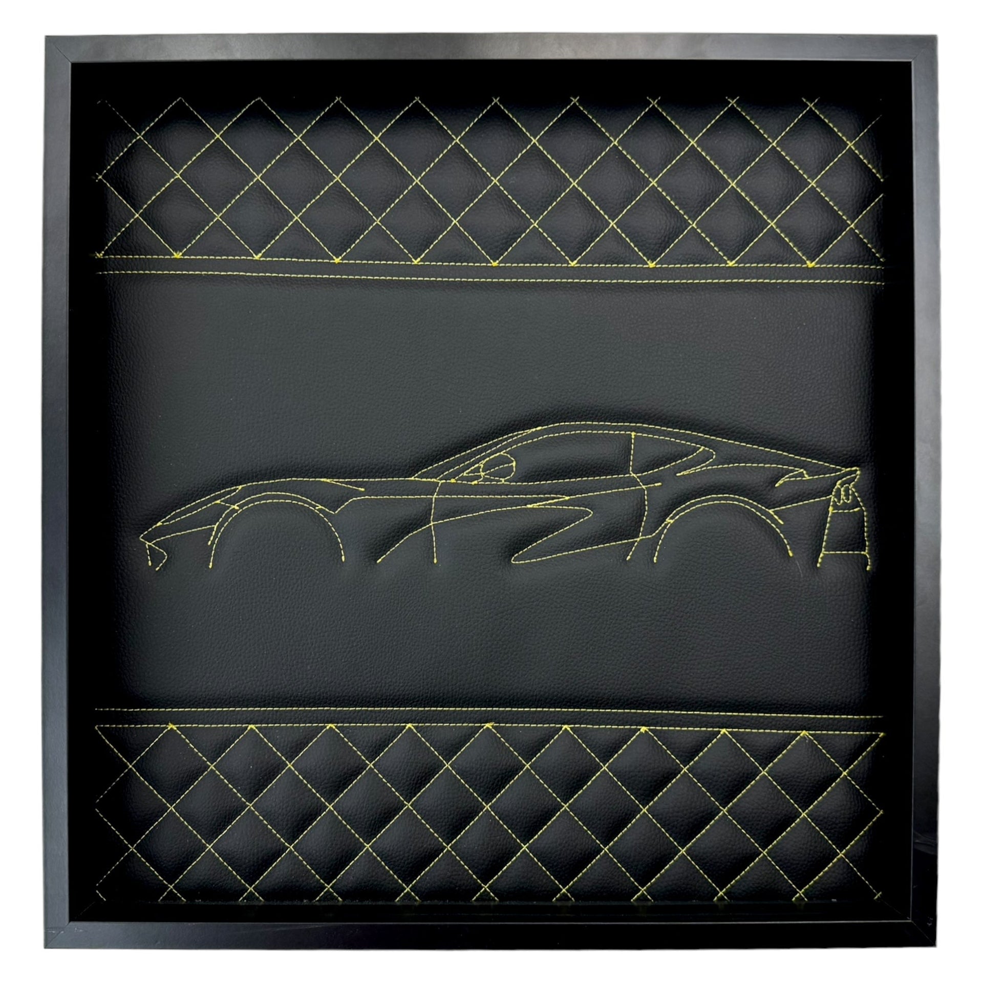 Black Leather Inspired Wall Art: Embroidered Yellow Stitch Luxury Decor