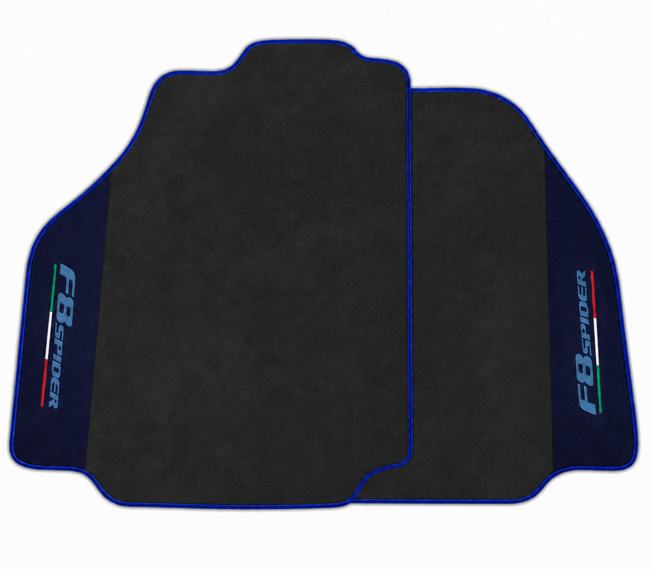 A pair of black car floor mats with blue trim and side panels featuring the F8 SPIDER logo, shown on a plain white background.