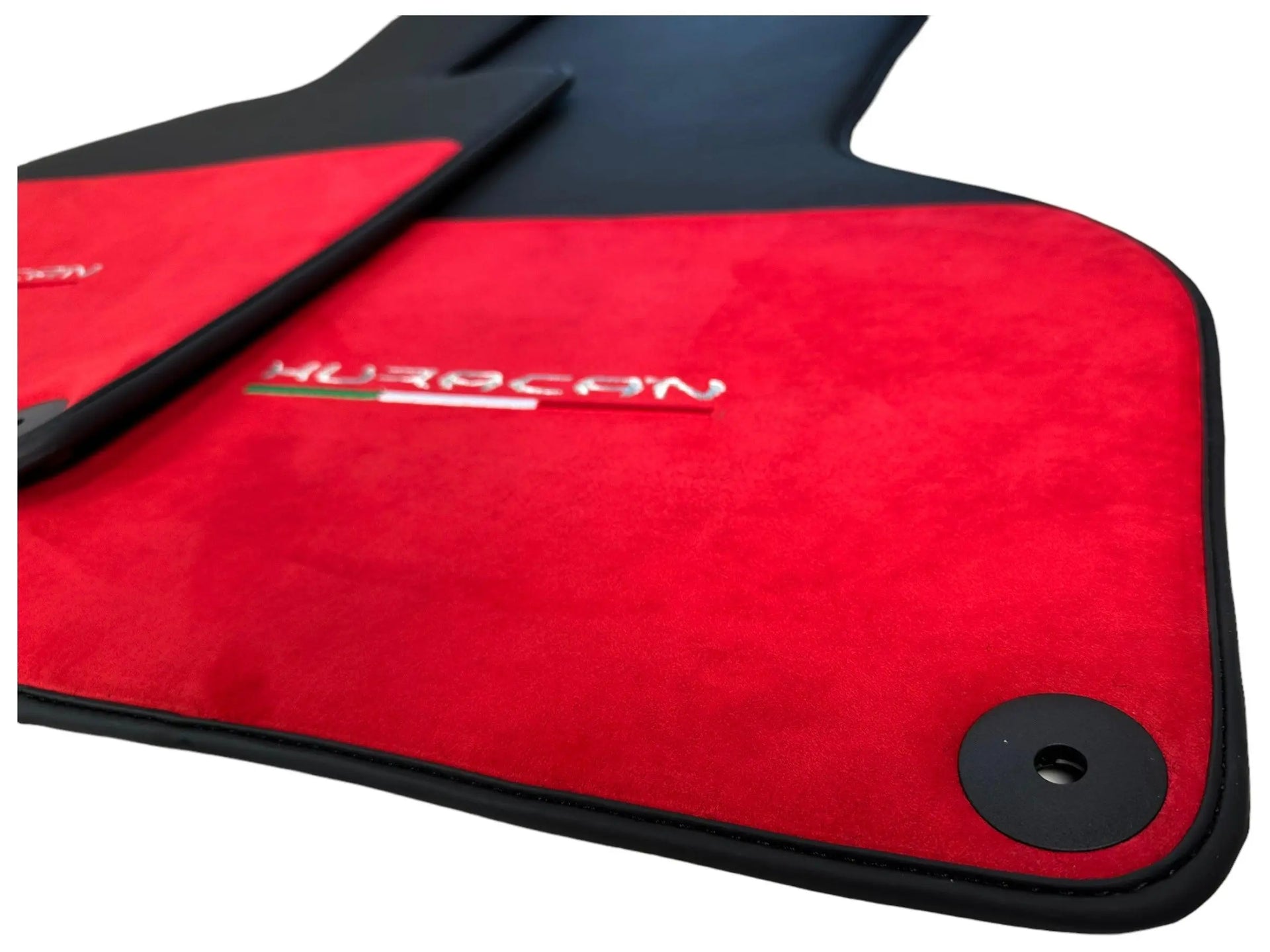 Floor Mats for Lamborghini Huracan Alcantara Red Leather With Huracan Logo - AutoWin