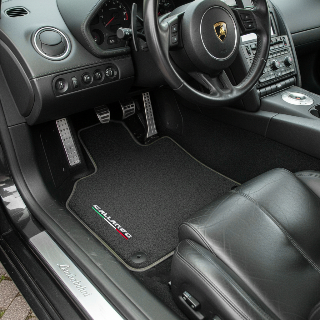 Custom Black Floor Mats for Lamborghini Gallardo with Yellow Alcantara Leather - AutoWin.EU