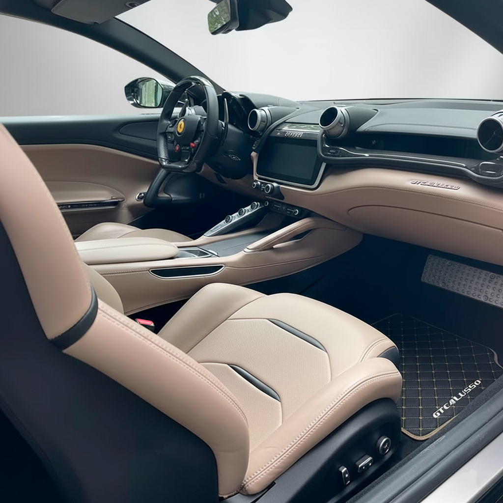 Schwarze Fußmatten für Ferrari GTC4 Lusso (2016–2023) mit Leder und rotem Rand - AutoWin