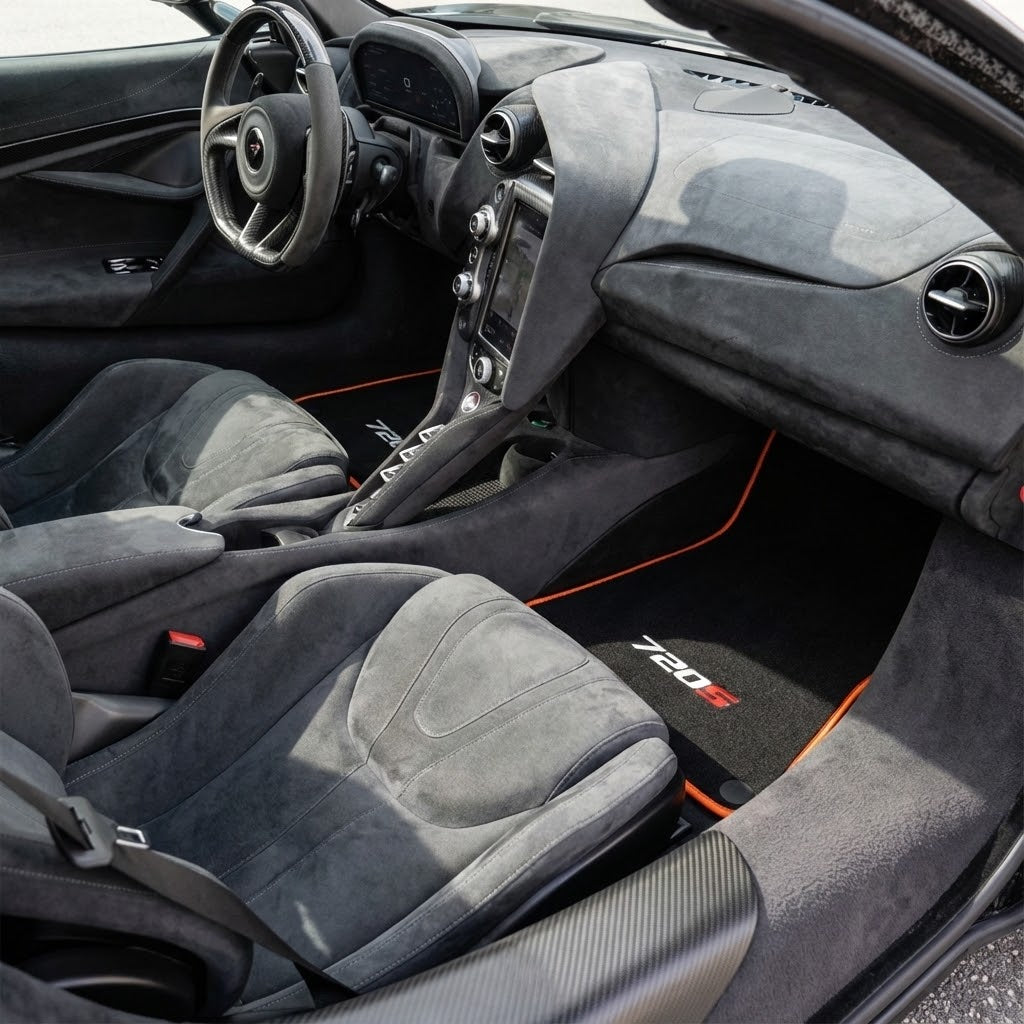 Interior look of floor mats for Floor Mats For McLaren 720S Black Tailored With Orange Trim