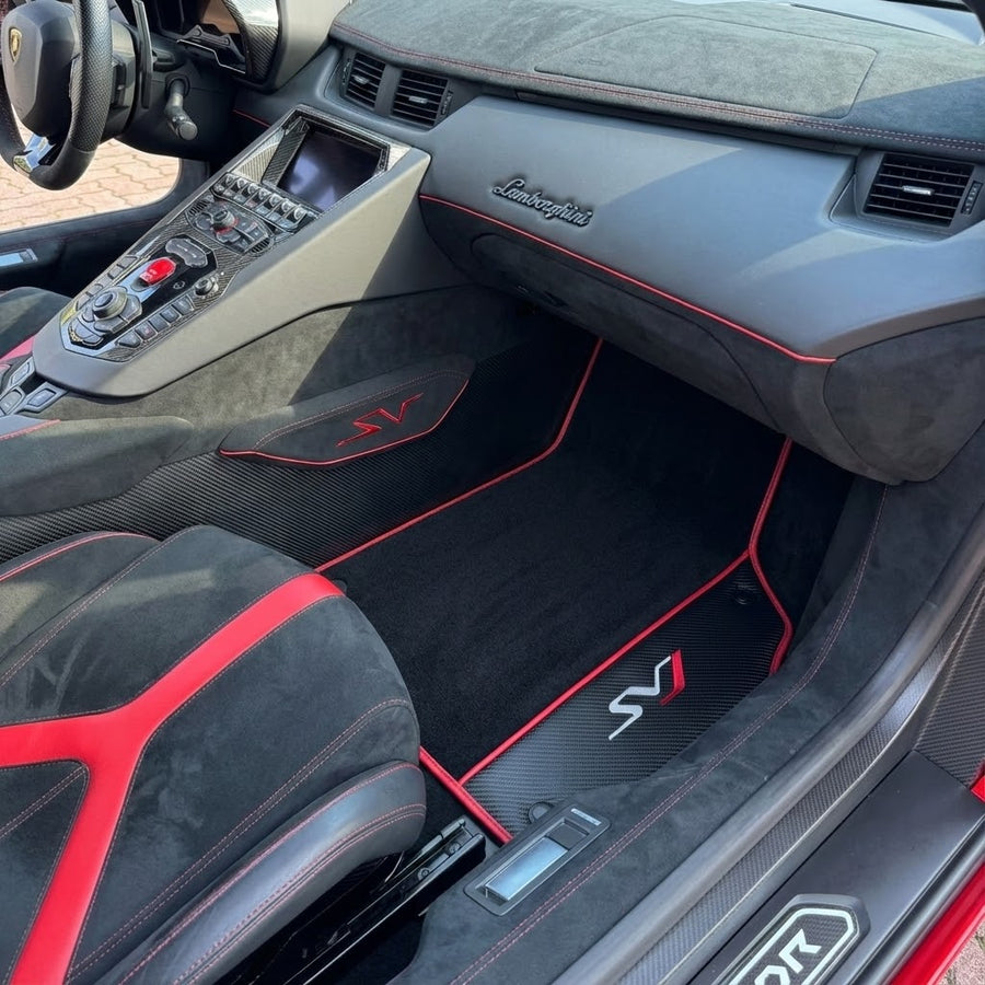 Alfombrillas de coche negras para Lamborghini Aventador SVJ con fibra de carbono