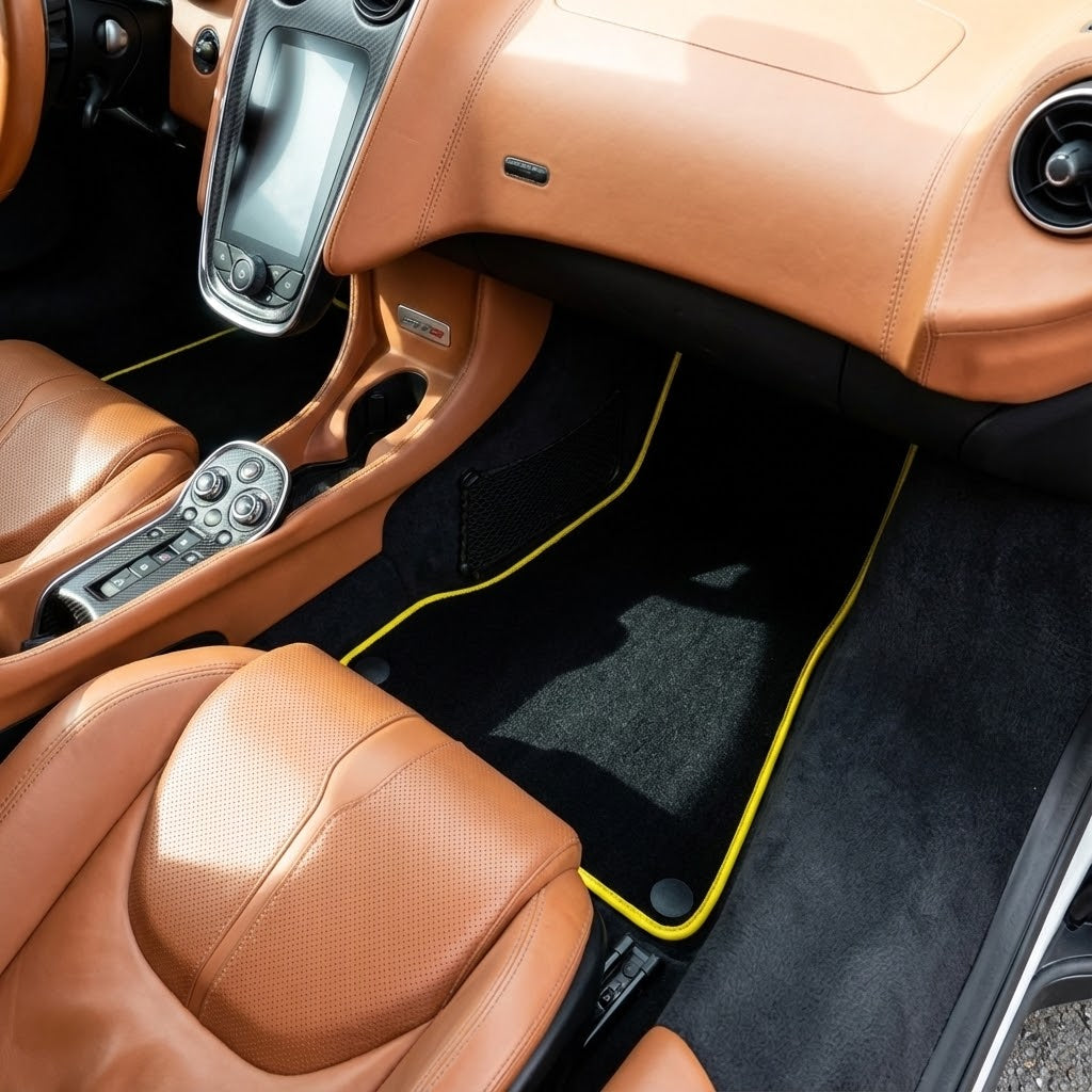Interior look of floor mats for Floor Mats For McLaren 570S (2015-2021) Black Tailored With Yellow Trim