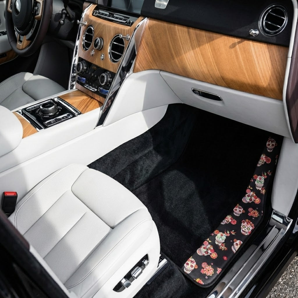 Black Car Floor Mats for Rolls-Royce Cullinan (2018-2025) with Black Floral Skull Design