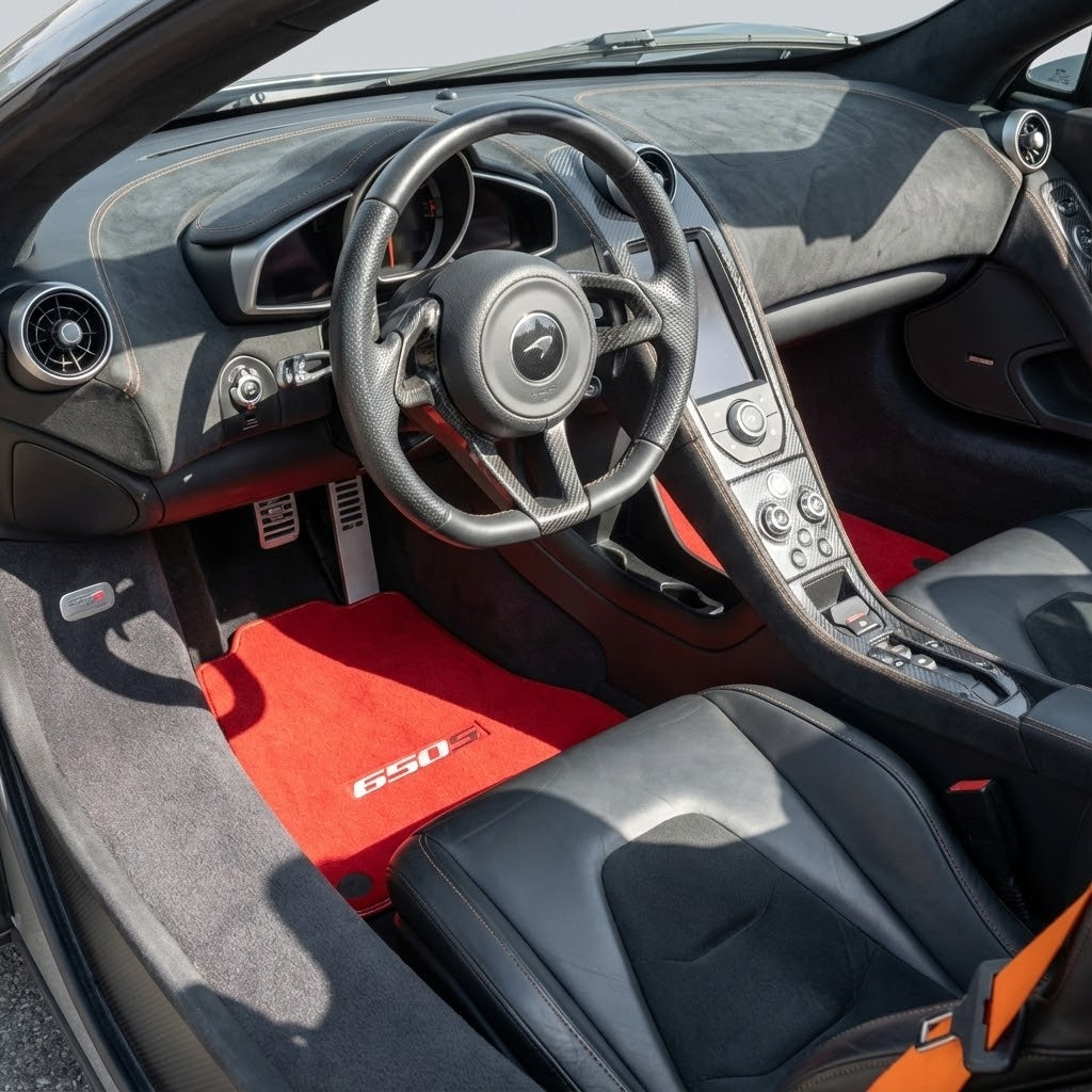 Interior look of floor mats for Red Floor Mats For McLaren 650S Tailored