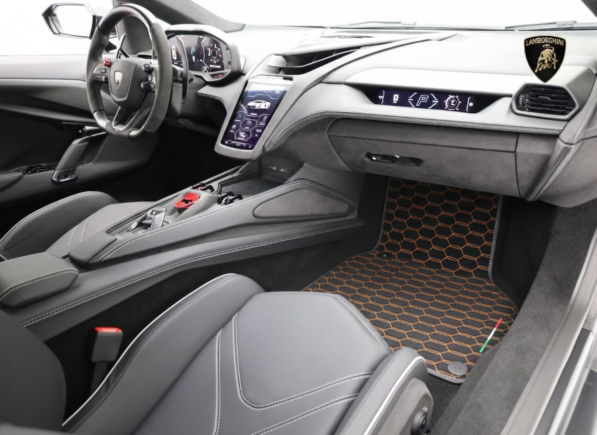 Tapis de voiture noir en cuir pour Lamborghini Revuelto (2024-2025) | Bord blanc - AutoWin