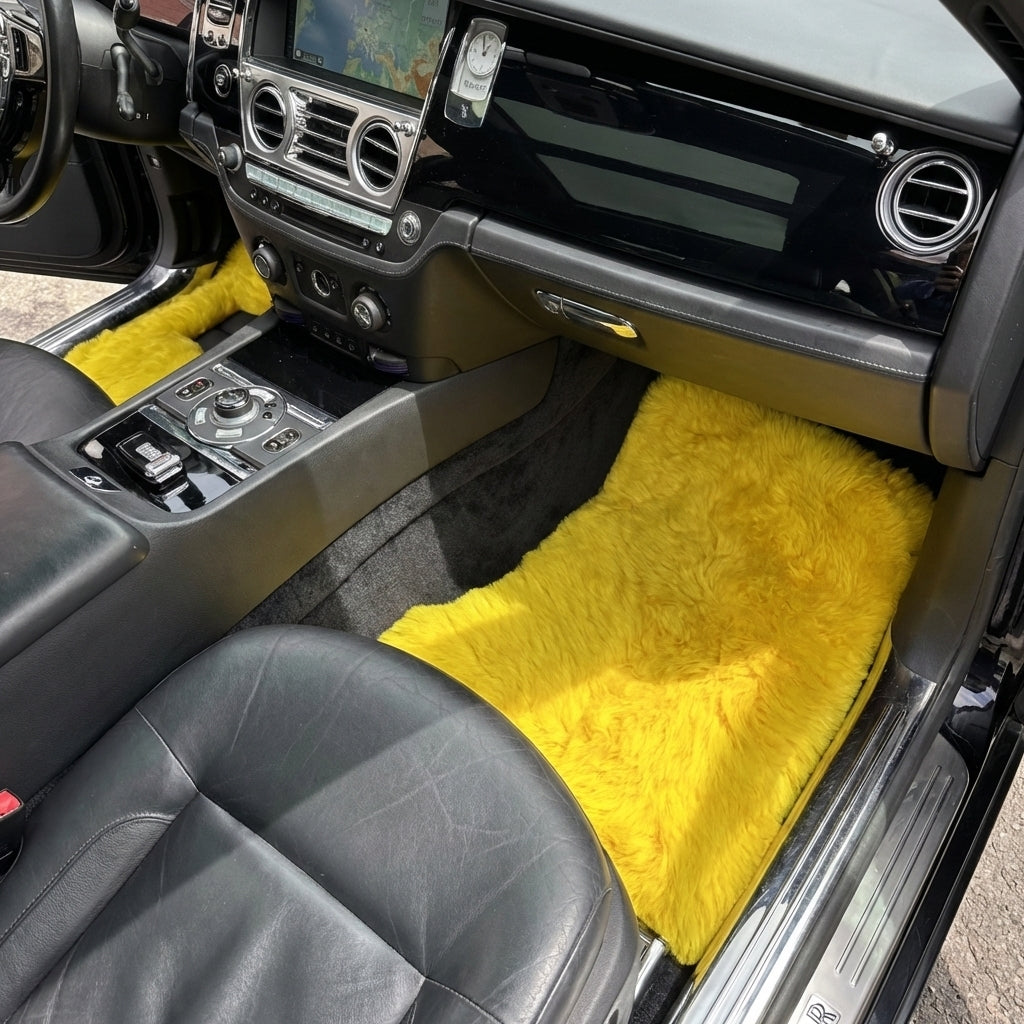 Alfombrillas de piel de oveja amarilla para Rolls Royce Ghost Series II (2021-2024) Marca ER56 Design
