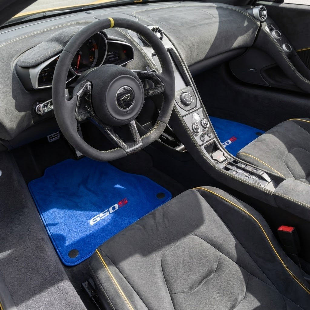 Interior look of floor mats for Blue Floor Mats For McLaren 650S Tailored