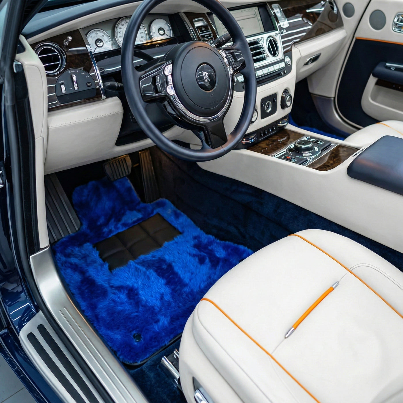 Tapis de voiture en peau de mouton bleue pour Rolls-Royce