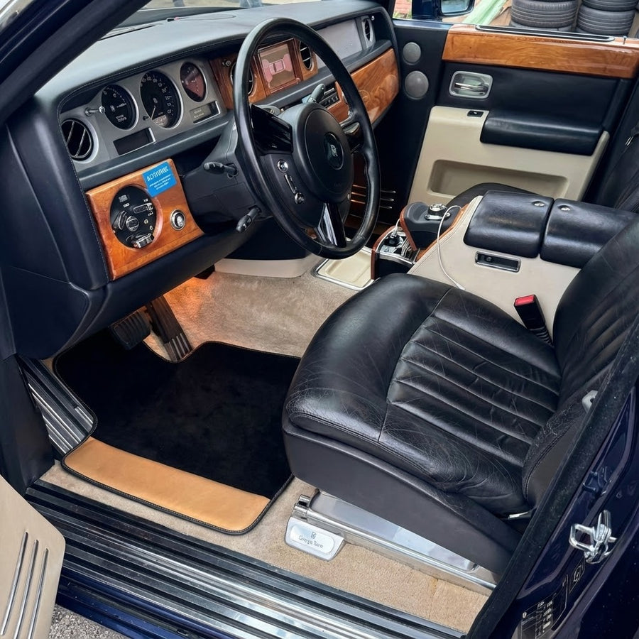Black Floor Mats for Rolls Royce Phantom Sedan (2003-2016) with Golden Leather