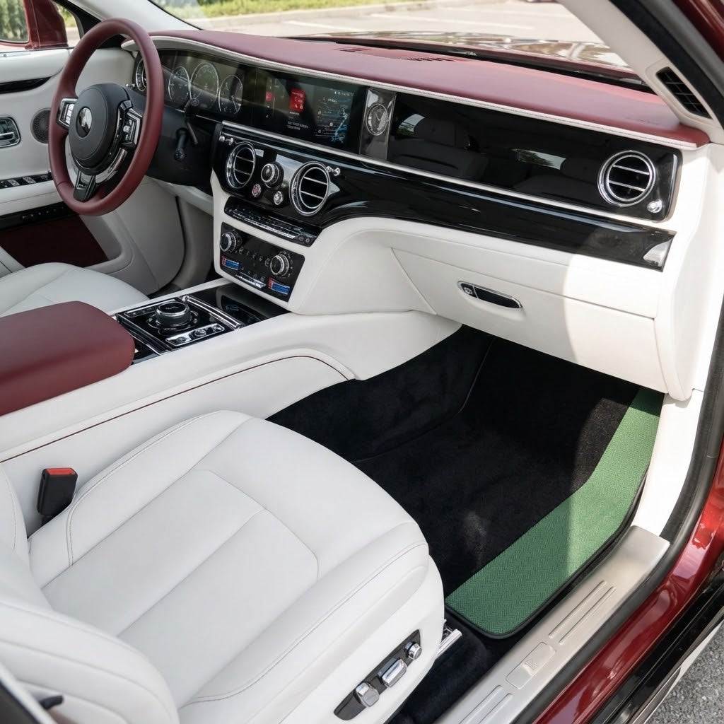Tappeti per auto neri per Rolls Royce Spectre (2023-2024) con bordi in pelle verde