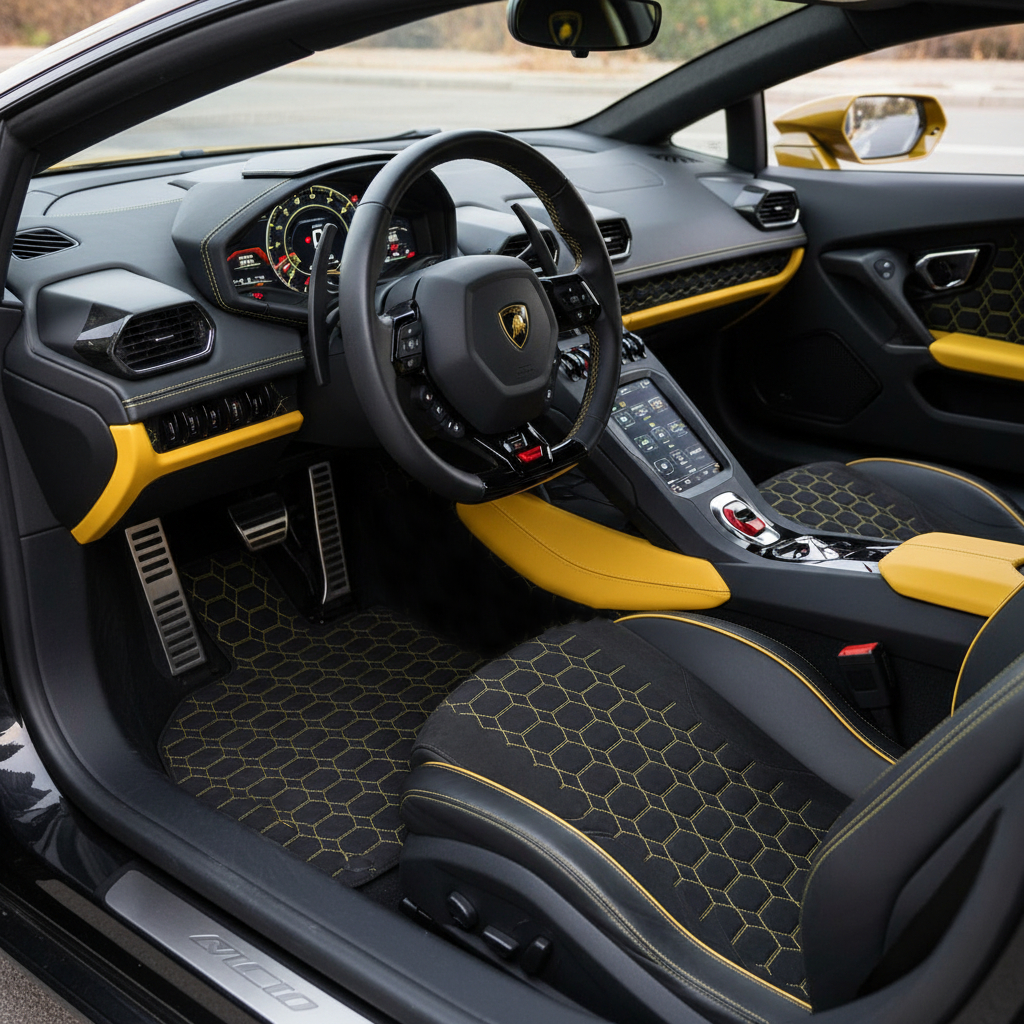 Alfombrillas de cuero personalizables con patrón hexagonal entrelazado para Lamborghini Huracan EVO (2019-2024) - AutoWin