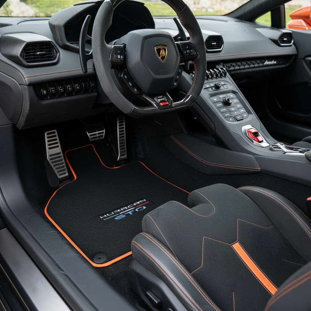 Black Floor Mats for Lamborghini Huracan STO with Orange Trim