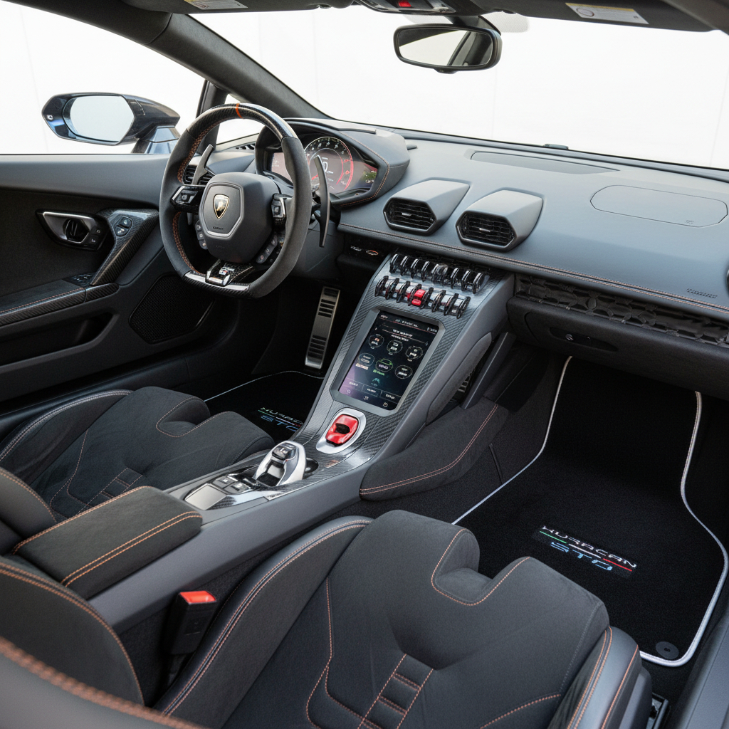 Tapis de voiture noir sur mesure pour Lamborghini Huracan STO avec bord blanc