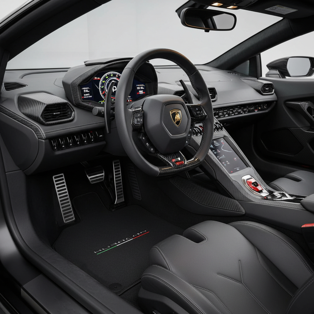 Alfombrillas rojas para Lamborghini Huracan EVO 2019-2024 con bordes de cuero negro - AutoWin.EU