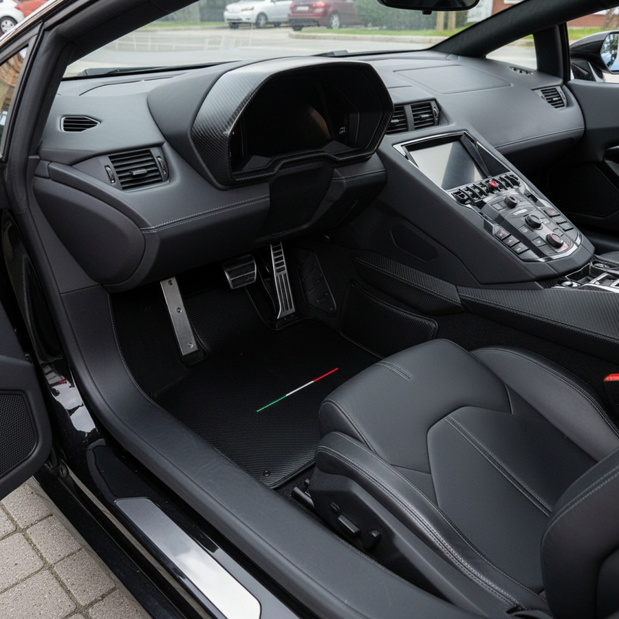 Alfombrillas de coche personalizables para Lamborghini Aventador de cuero de fibra de carbono - Edición limitada