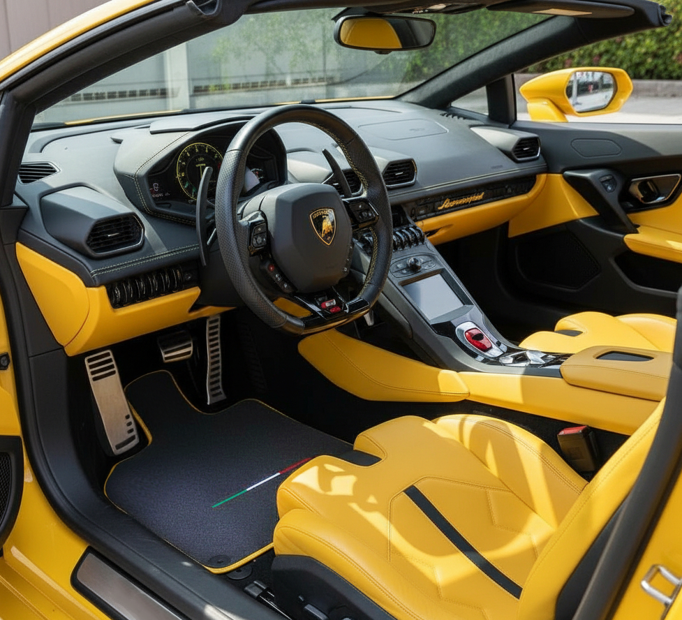 Gray Floor Mats for Lamborghini Huracan EVO with Italian Flag | Yellow Trim