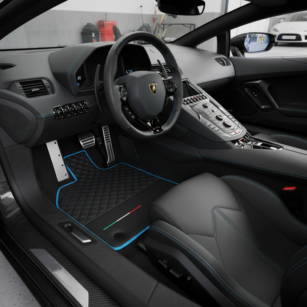 Tapis de voiture en cuir noir personnalisable pour Lamborghini Aventador avec bord bleu