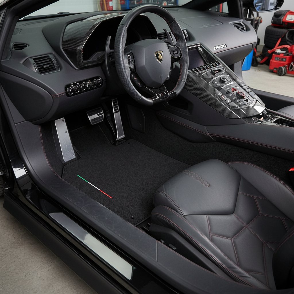 Tappetini per auto neri personalizzabili per Lamborghini Aventador con pelle Alcantara arancione - AutoWin.EU