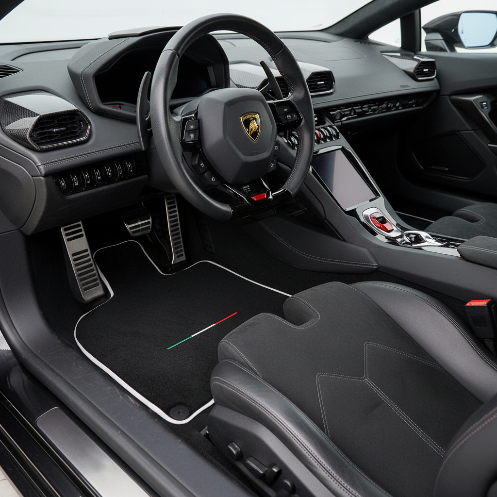 Black Carpet Floor Mats for Lamborghini Huracan STO with White Trim | Italian Edition