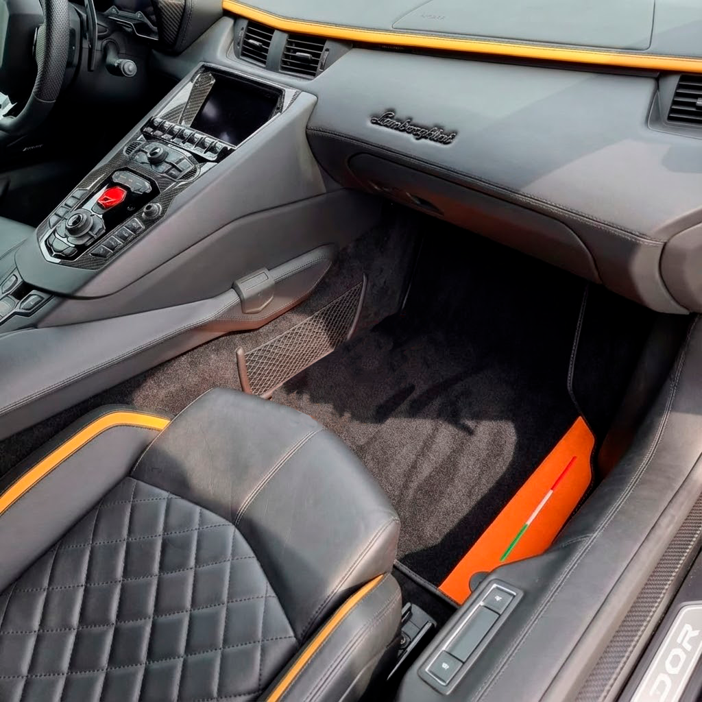 Customizable Black Floor Mats for Lamborghini Aventador with Orange (Arancia Leonis) Nappa Leather