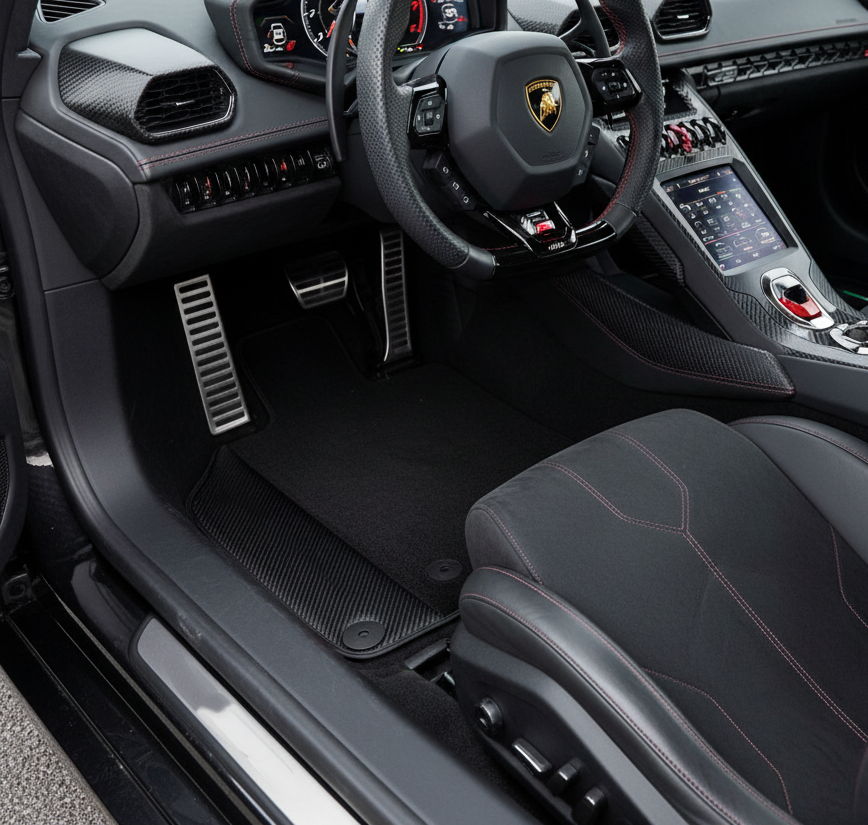 Tapis de voiture noirs personnalisés pour Lamborghini Huracan EVO 2019-2024 avec bordures en cuir de fibre de carbone