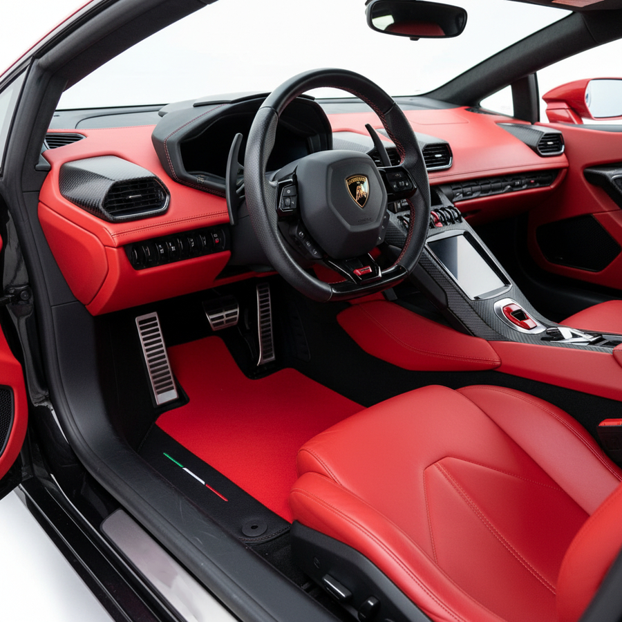 Alfombrillas de coche rojas para Lamborghini Huracan Sterrato (2023-2024) con cuero negro y bandera italiana