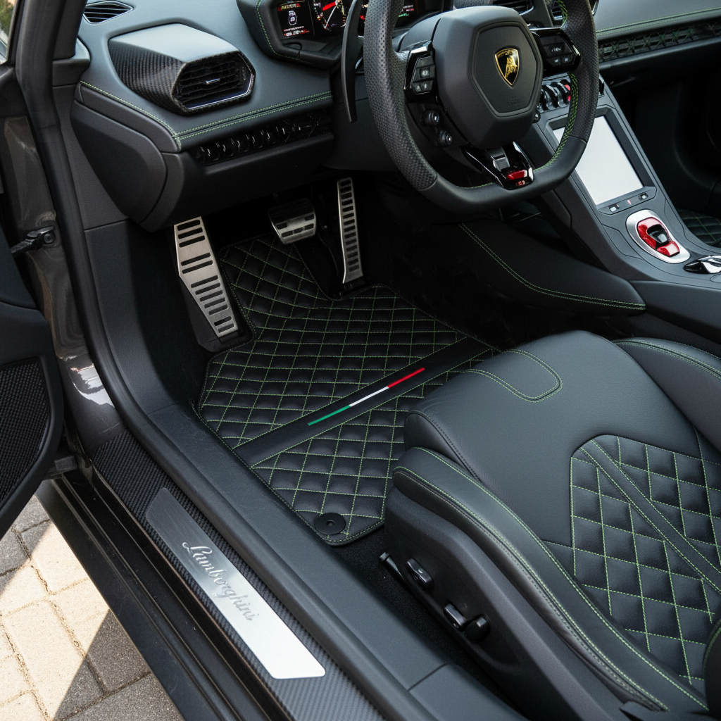 Tapis de voiture en cuir noir sur mesure pour Lamborghini Huracan Perfomante | Couture verte