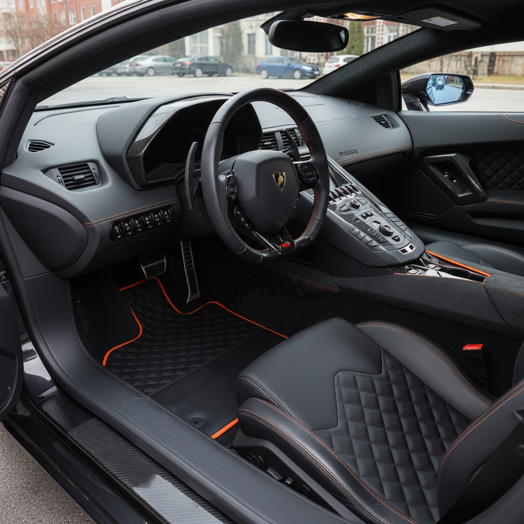 Tapis de voiture en cuir noir personnalisables pour Lamborghini Aventador avec bord orange