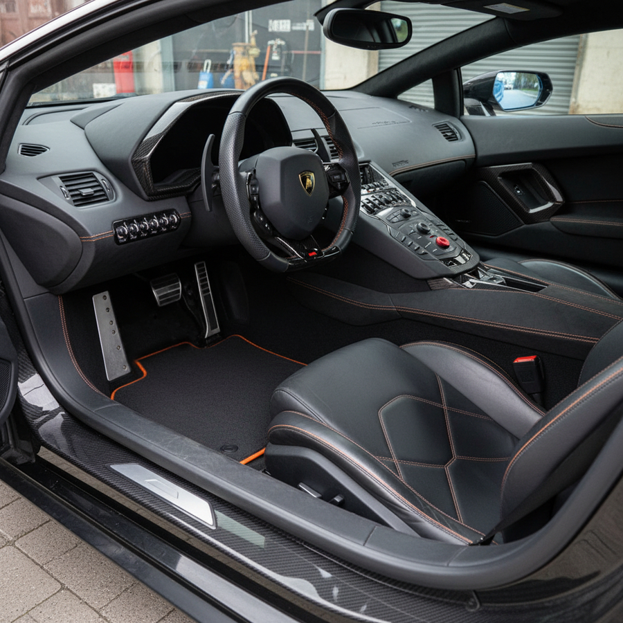 Alfombrillas de coche personalizables para Lamborghini Aventador | Ribete naranja