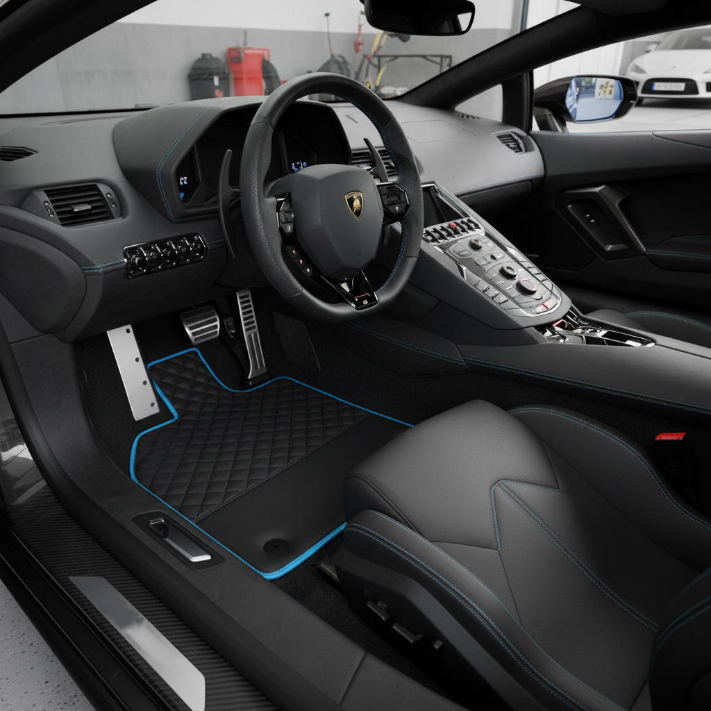 Tapis de voiture en cuir noir personnalisables pour Lamborghini Aventador avec bord bleu