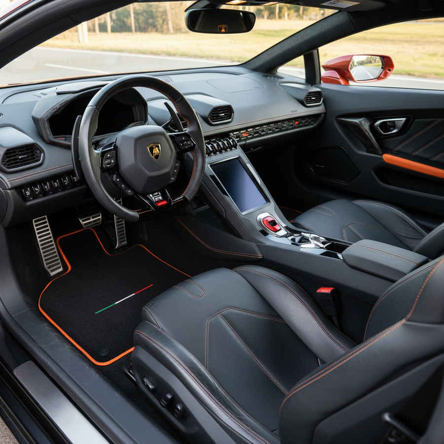Schwarze Fußmatten für Lamborghini Huracan STO mit orangefarbenem Rand | Italienische Flagge