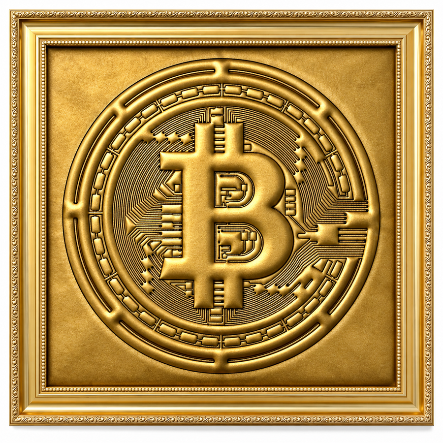 Gold Leather Bitcoin Inspired Wall Art: Embroidered Black Stitch Luxury Decor