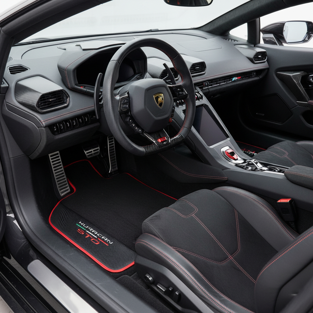 Alfombrillas rojas para Lamborghini Huracan STO con cuero negro y costuras rojas - AutoWin.EU