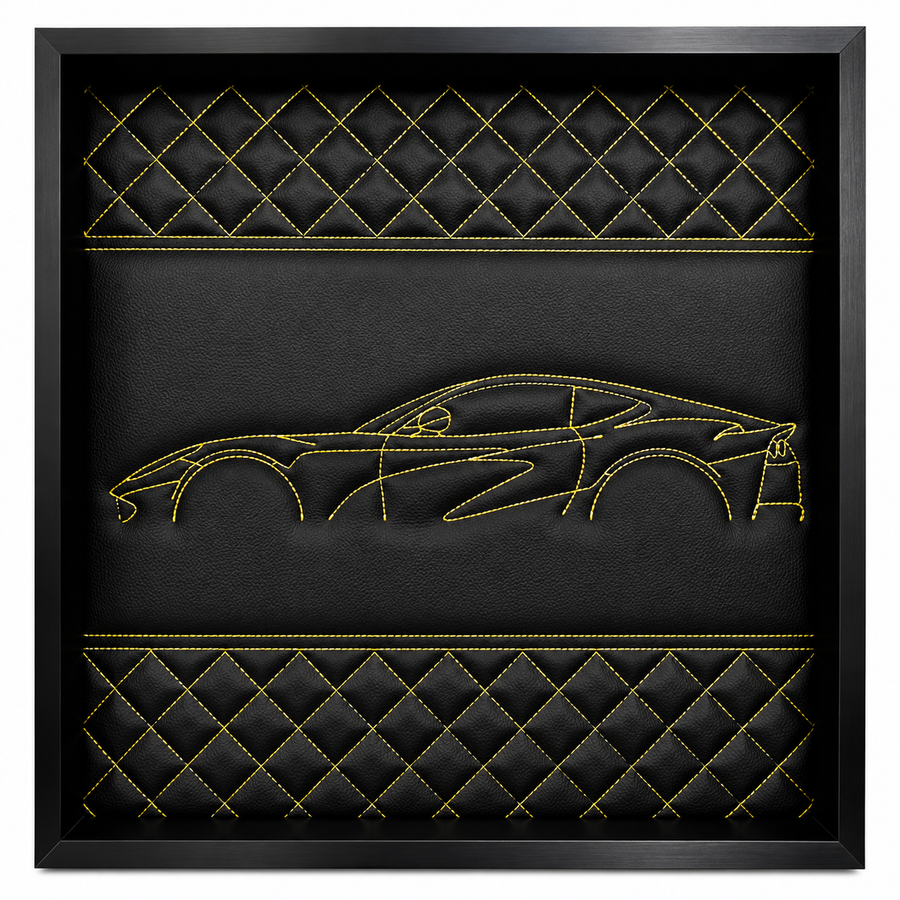 Black Leather Inspired Wall Art: Embroidered Yellow Stitch Luxury Decor
