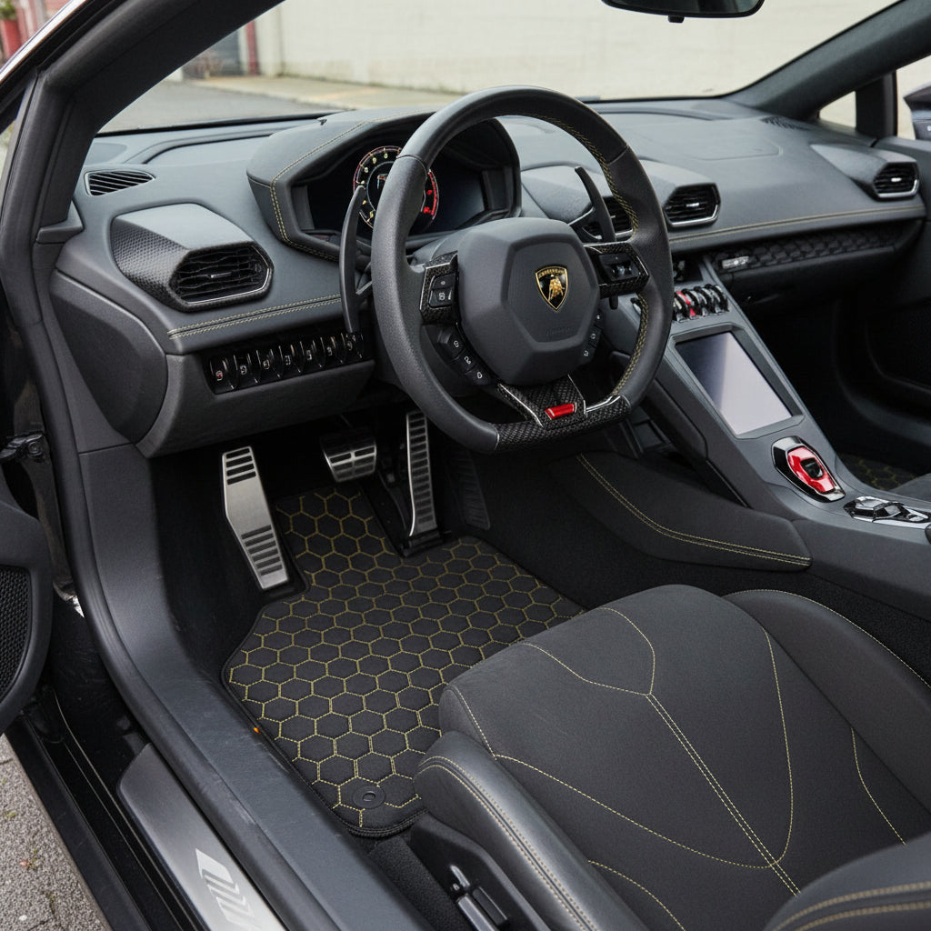 Customizable Leather Floor Mats with Symmetrical Hex Pattern for Lamborghini Huracan Perfomante (2017-2019)