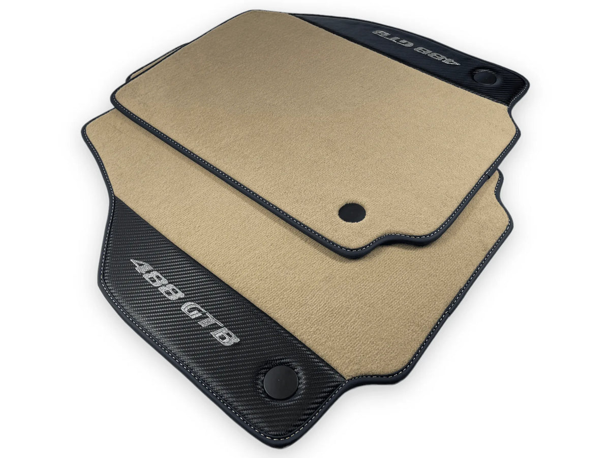 Beige Floor Mats For Ferrari 488 GTB 2016-2022 Carpets With Carbon Fiber - AutoWin