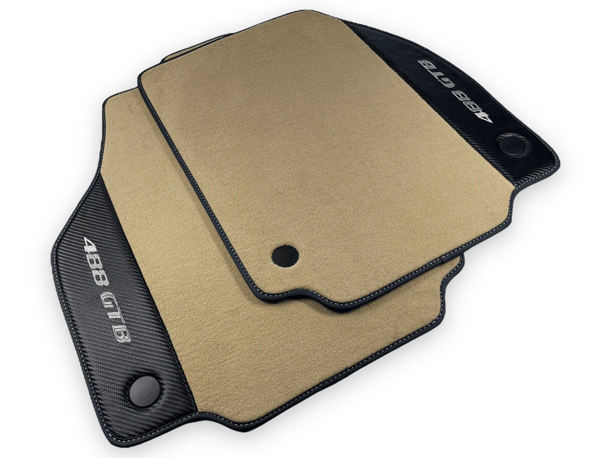 Beige Floor Mats For Ferrari 488 GTB 2016-2022 Carpets With Carbon Fiber - AutoWin