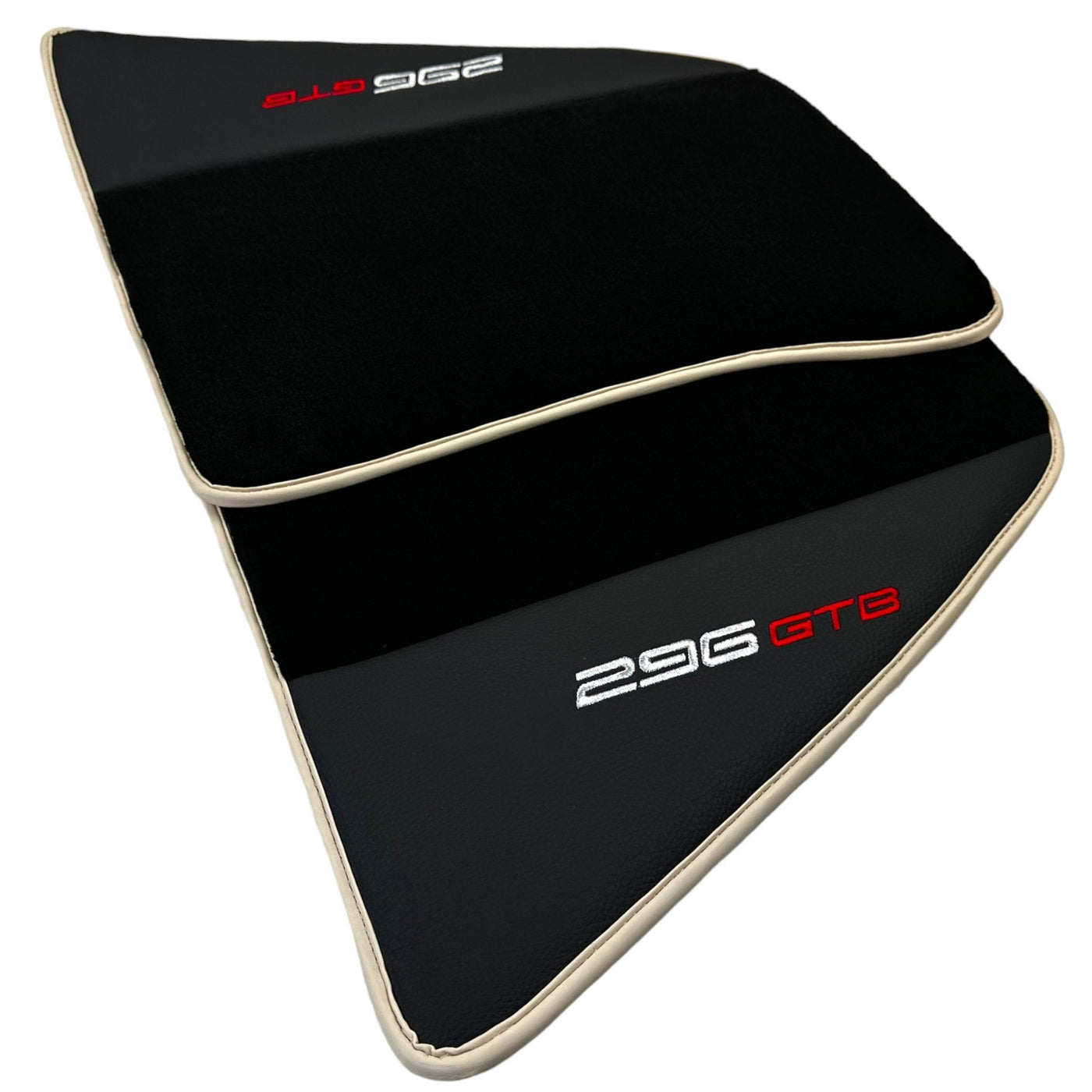 Black Floor Mats for Ferrari 296 GTB (2022-2024) with Leather | Beige Trim - AutoWin