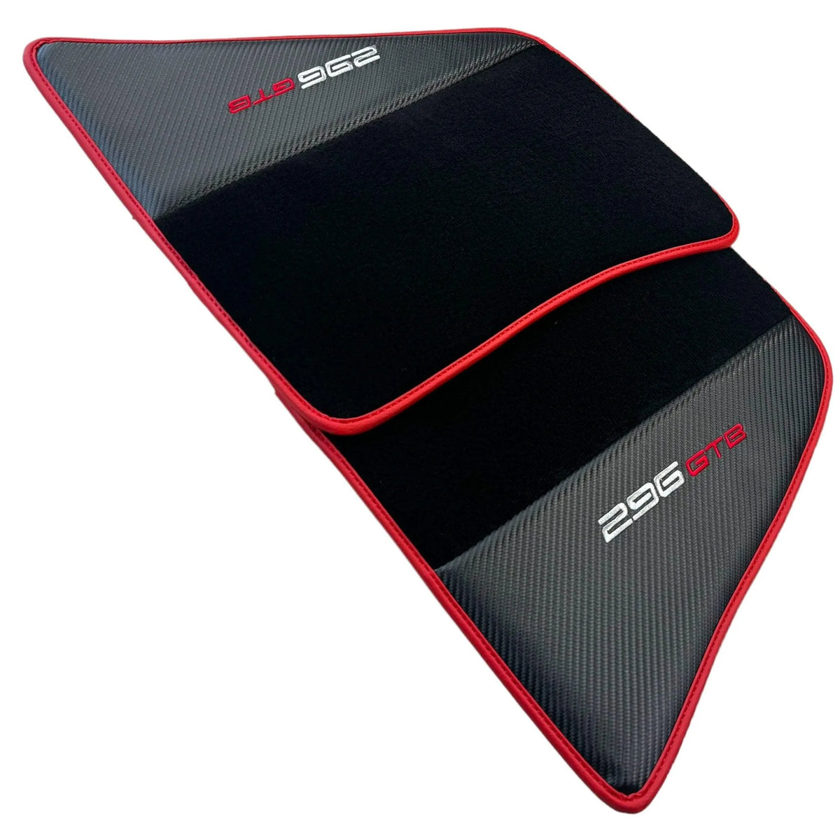 Black Floor Mats for Ferrari 296 GTB (2022-2027) with Carbon Fiber | Red Trim - AutoWin