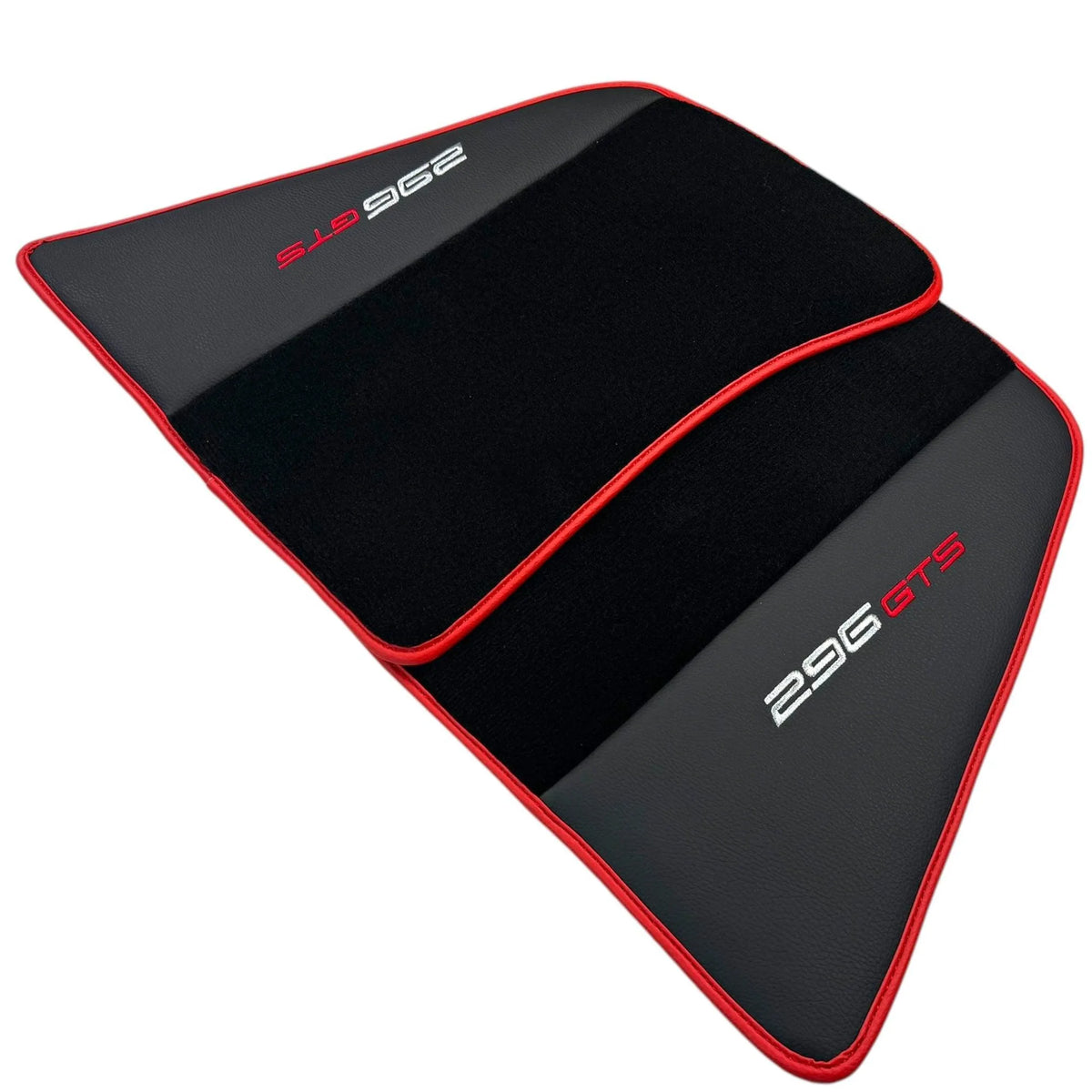 Black Floor Mats for Ferrari 296 GTS (2022-2027) with Leather and Red Trim - AutoWin