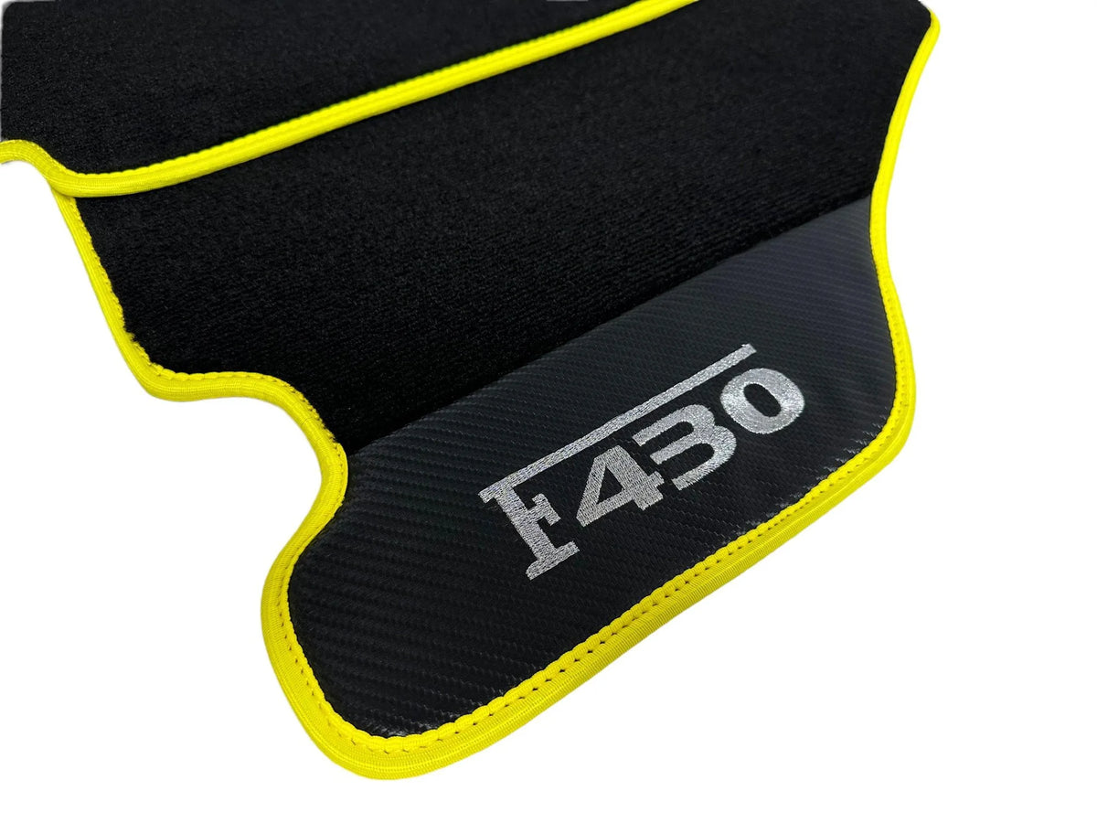 Black Floor Mats For Ferrari F430 2004-2009 With Carbon Fiber Leather Yellow Trim - AutoWin