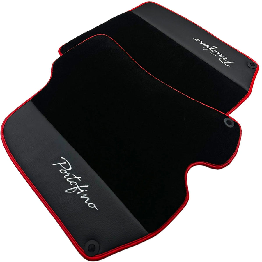 Tapis de sol noirs pour Ferrari Portofino (2018-2023) avec cuir et bord rouge - AutoWin