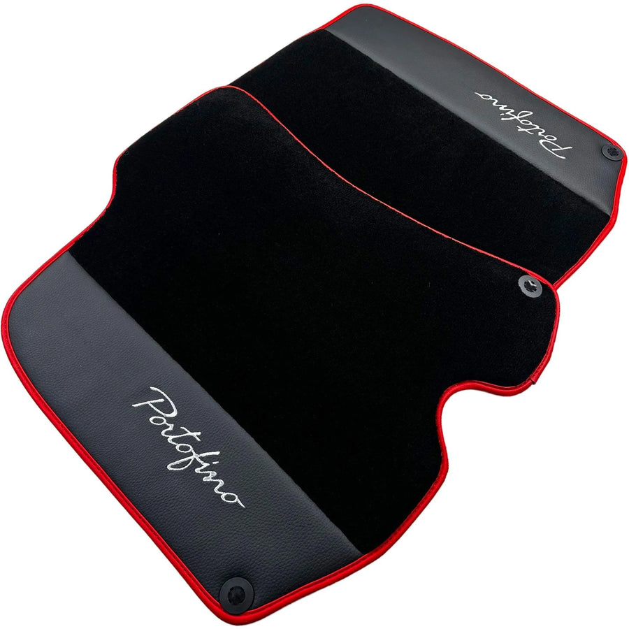 Tapis de sol noirs pour Ferrari Portofino (2018-2023) avec cuir et bord rouge - AutoWin